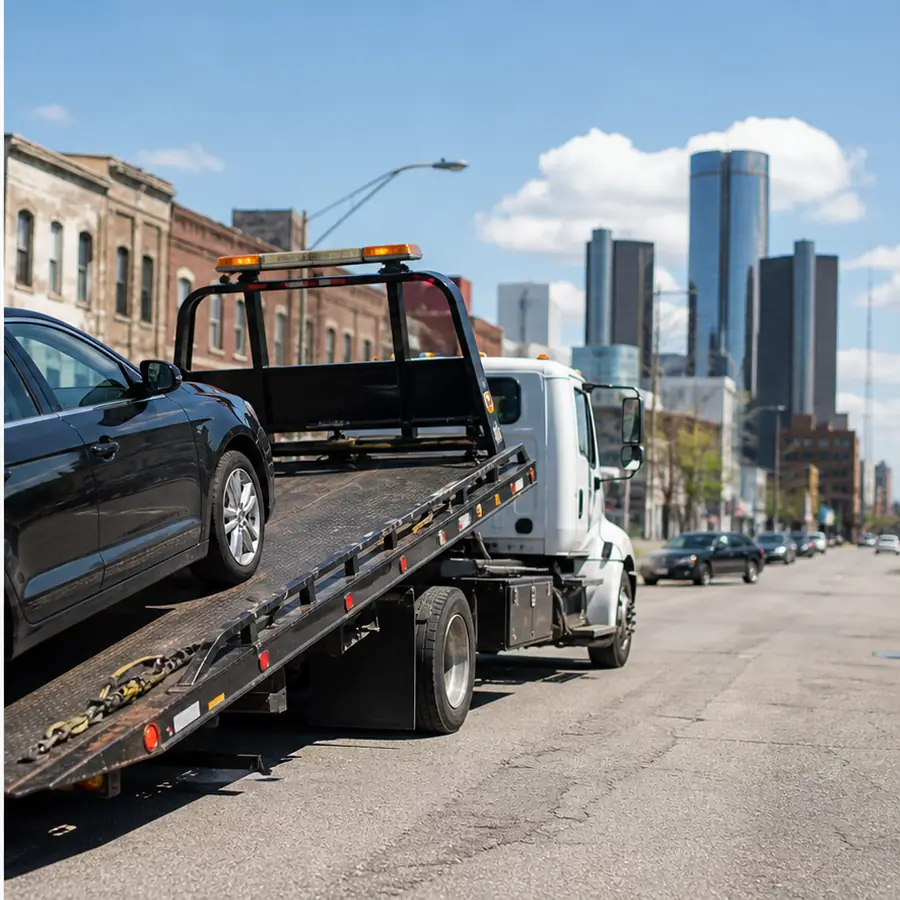 Tow truck carrying a vehicle on a Detroit street